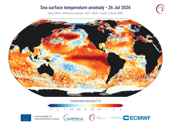 Afwijkende zeewatertemperaturen werelwijd © Pulse Climate Copernicus